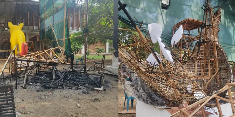 চারুকলায় শোভাযাত্রার ফ্যাসিবাদের মুখাকৃতিতে আগুন